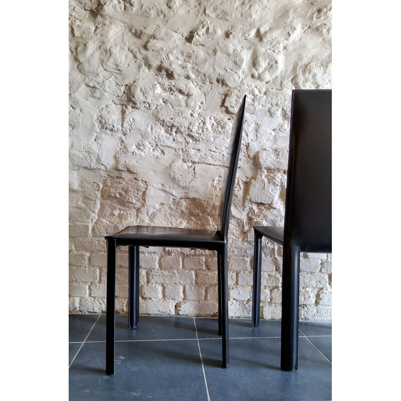 Conjunto de 3 cadeiras de aço e couro preto vintage da De Couro do brasil
