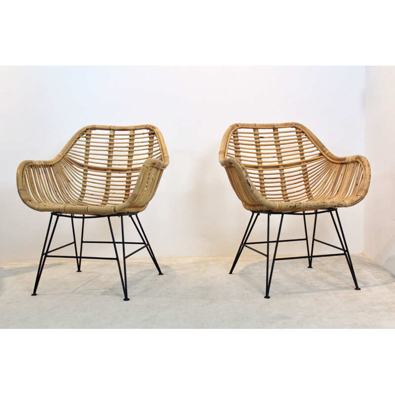 Pair of vintage Dutch wicker & steel armchairs