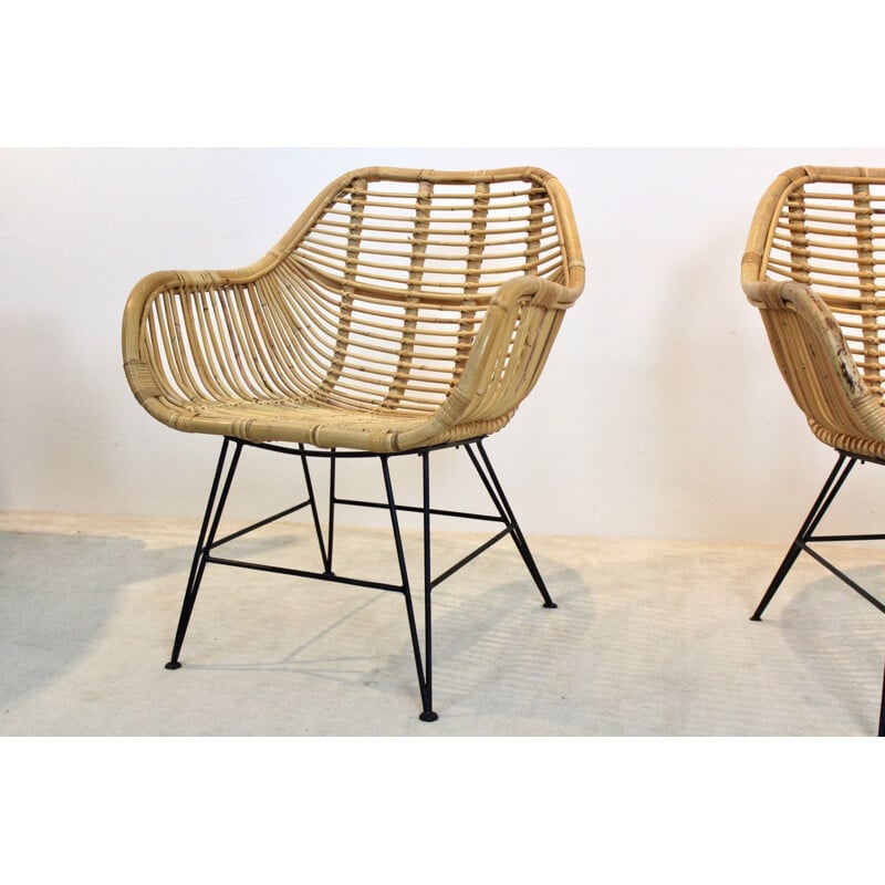 Pair of vintage Dutch wicker & steel armchairs