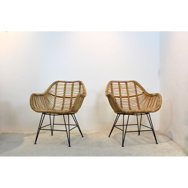 Pair of vintage Dutch wicker & steel armchairs