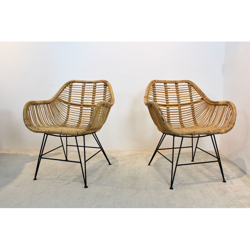 Pair of vintage Dutch wicker & steel armchairs