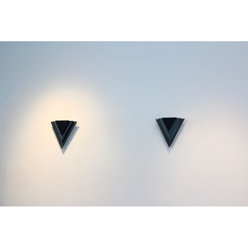 Pair of vintage triangular glass and steel sconces, Netherlands