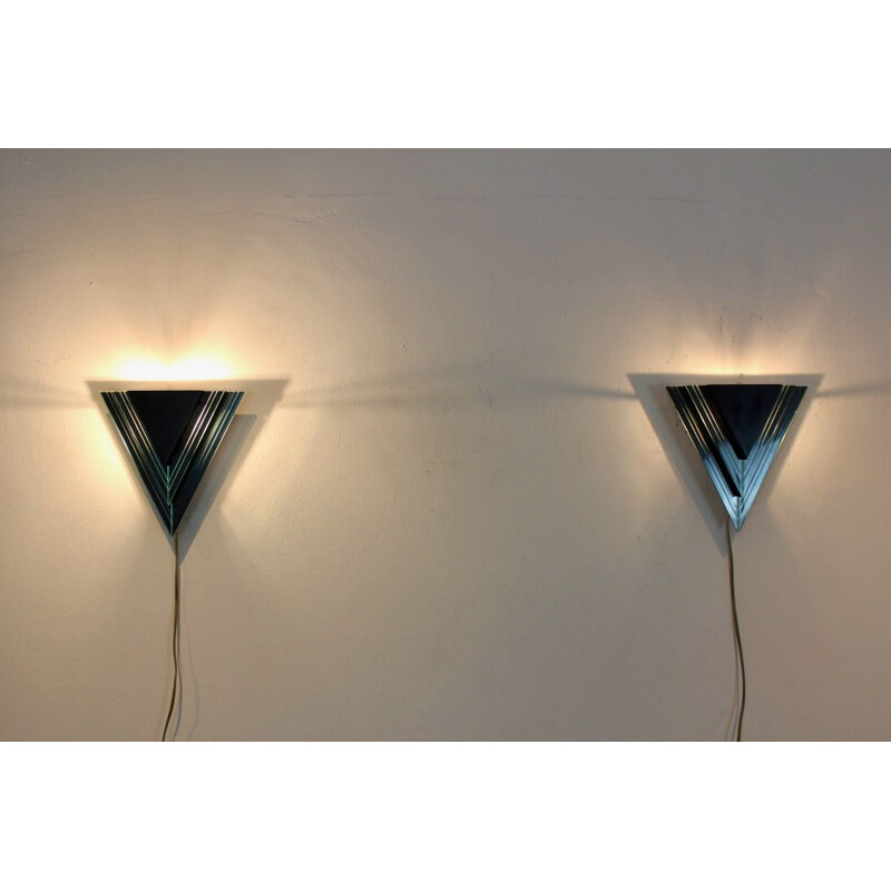 Pair of vintage triangular glass and steel sconces, Netherlands