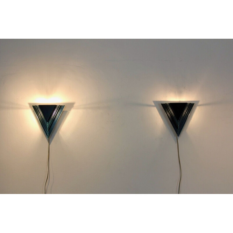 Pair of vintage triangular glass and steel sconces, Netherlands