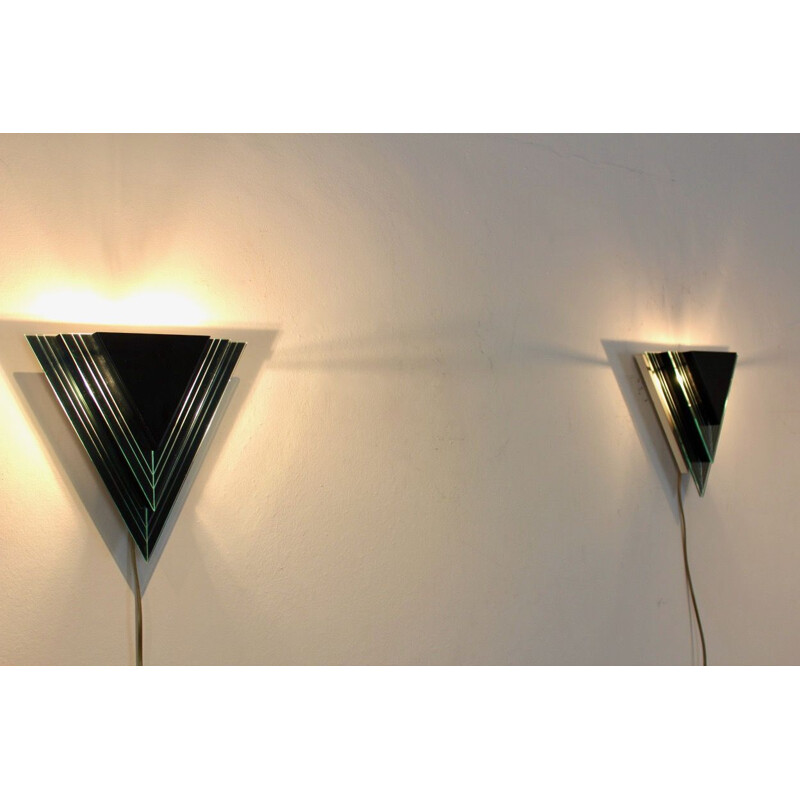 Pair of vintage triangular glass and steel sconces, Netherlands