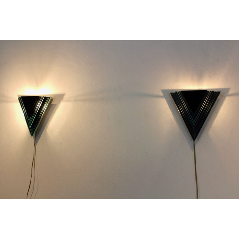 Pair of vintage triangular glass and steel sconces, Netherlands