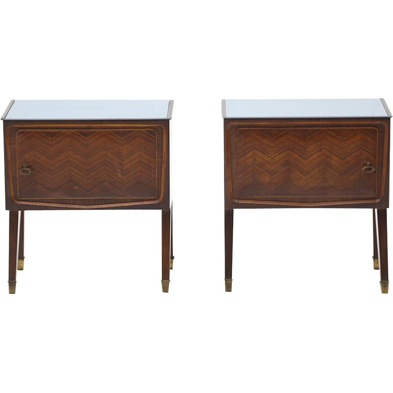 Pair of vintage wooden night stands and glass top, 1950s