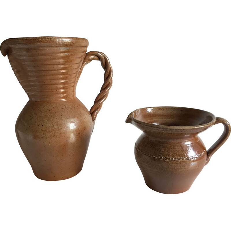 Set of 2 vintage glazed stoneware pitchers