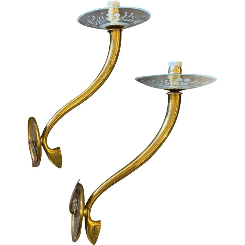 Pair of mid-century Italian brass and glass wall lamps, 1950s