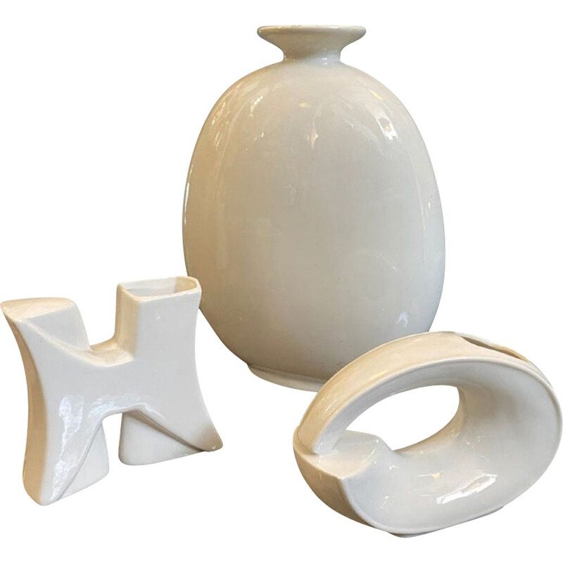 Ensemble de 3 vases italiens vintage moderniste en céramique blanche, 1970