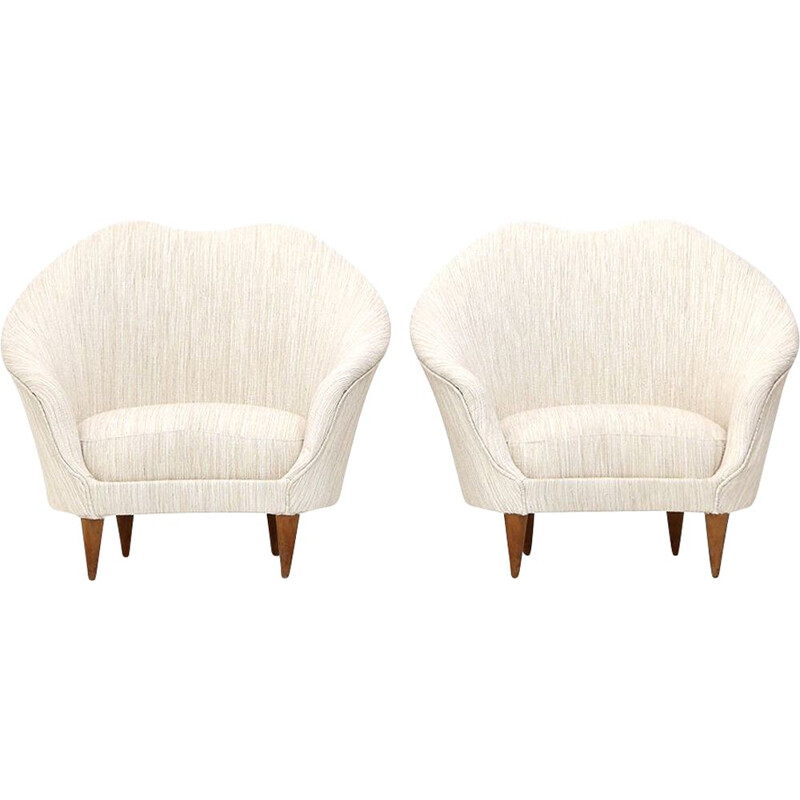 Pair of vintage armchairs in creamy white fabric by Federico Munari, 1950s