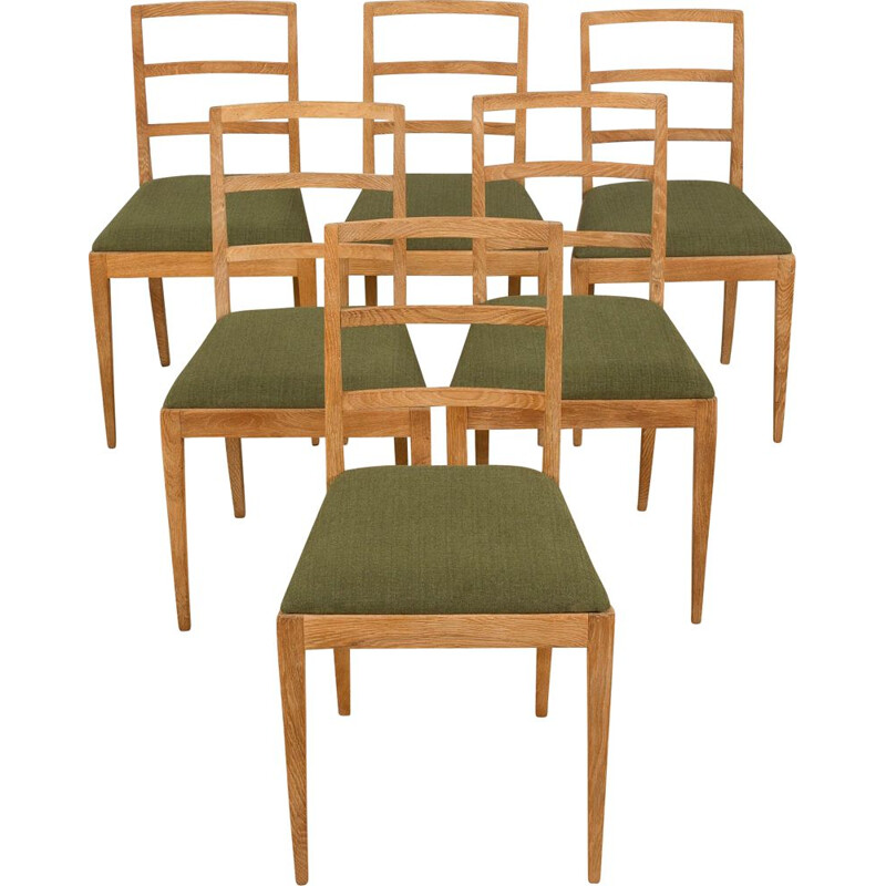 Set of 6 vintage dining chairs in sanded oakwood by Fritz Hansen, Denmark 1950s