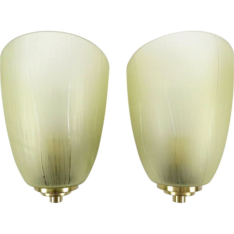 Pair of vintage glass and brass wall lamps, 1950s