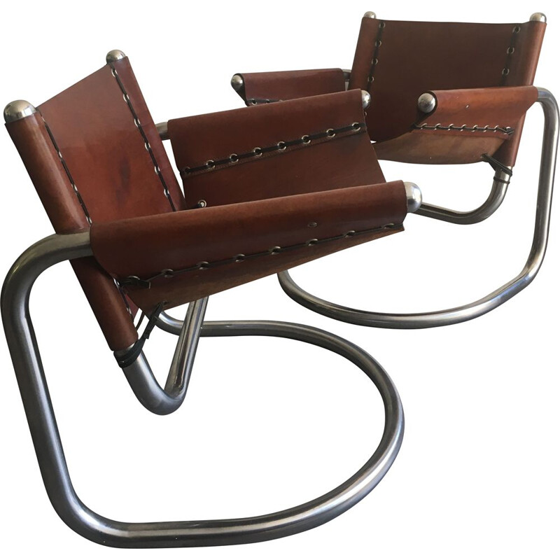 Pair of vintage Italian tubular steel and leather armchairs