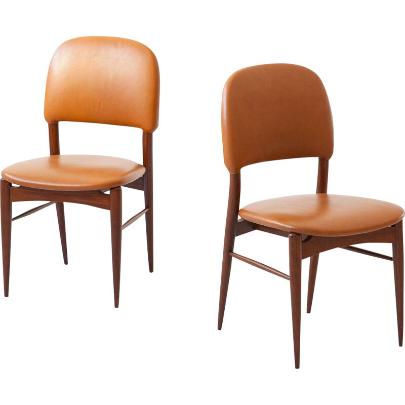 Pair of Italian vintage teak and cognac leather chairs, 1950s