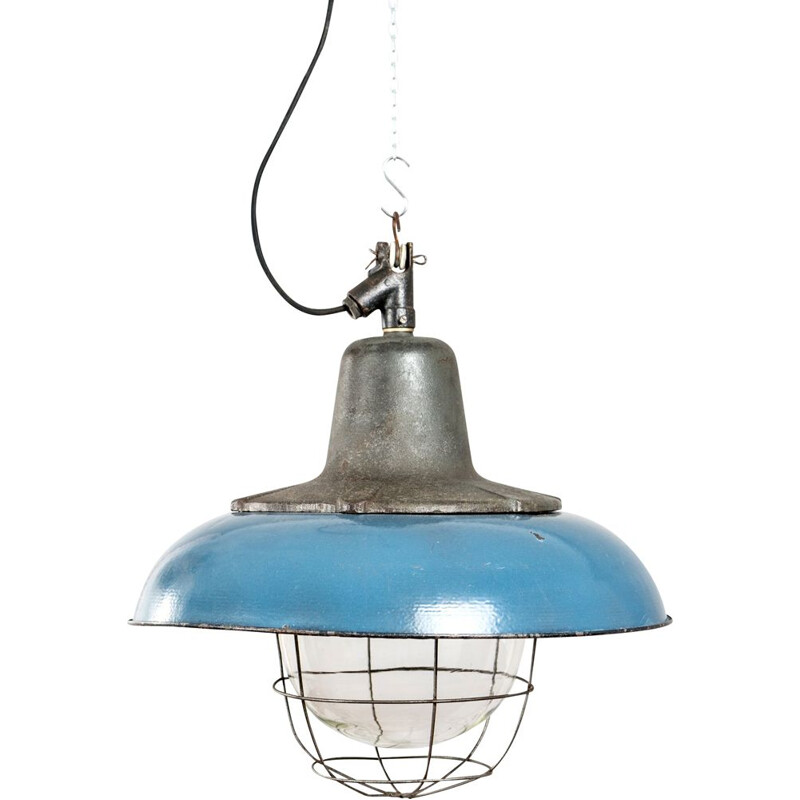 Blue enamelled vintage pendant lamp, Poland 1970