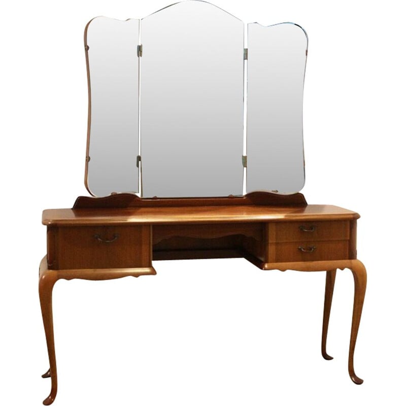 Vintage mahogany dressing table with three-panel mirror, 1950