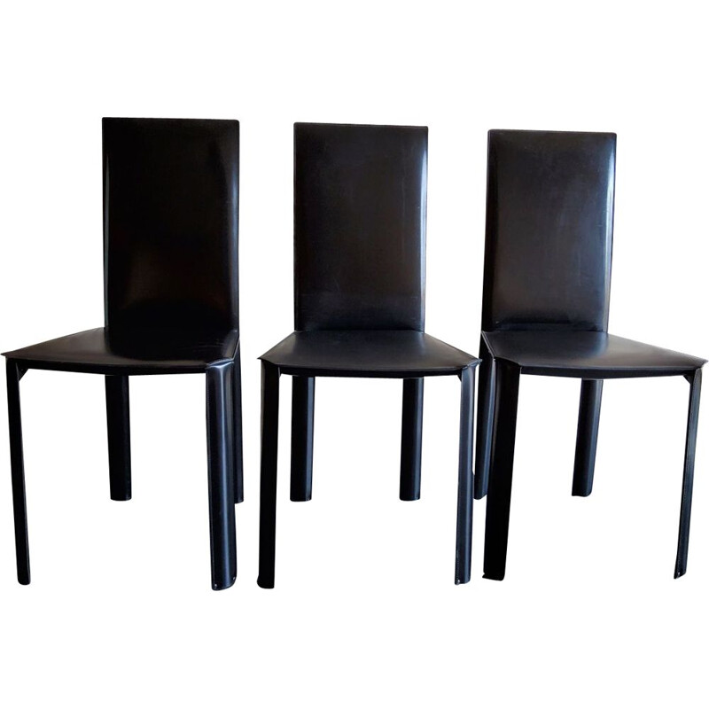 Set of 3 vintage steel and black leather chairs by De Couro of brazil