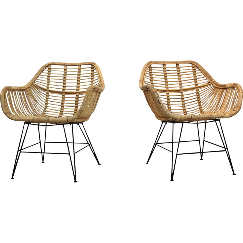 Ein Paar holländische Vintage-Sessel aus Weide und Stahl