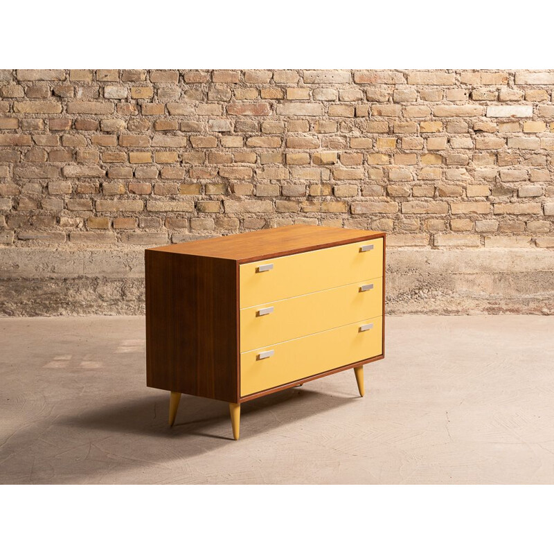 Vintage modernist teak chest of drawers with 3 drawers in Indian yellow