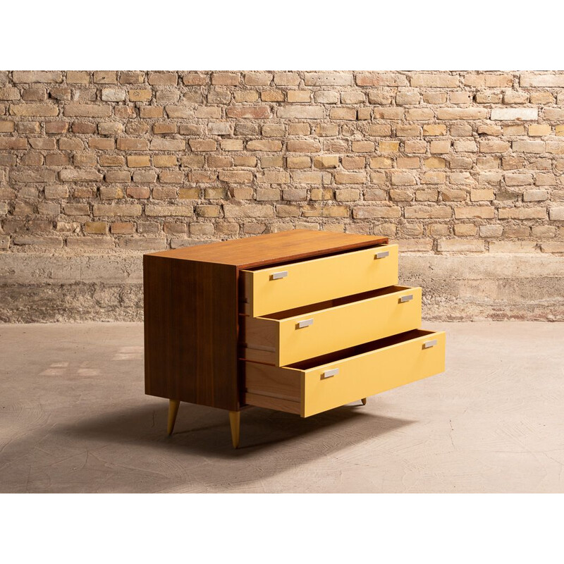 Vintage modernist teak chest of drawers with 3 drawers in Indian yellow