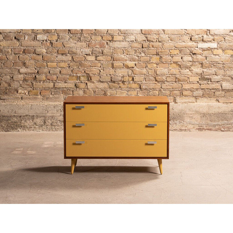 Vintage modernist teak chest of drawers with 3 drawers in Indian yellow