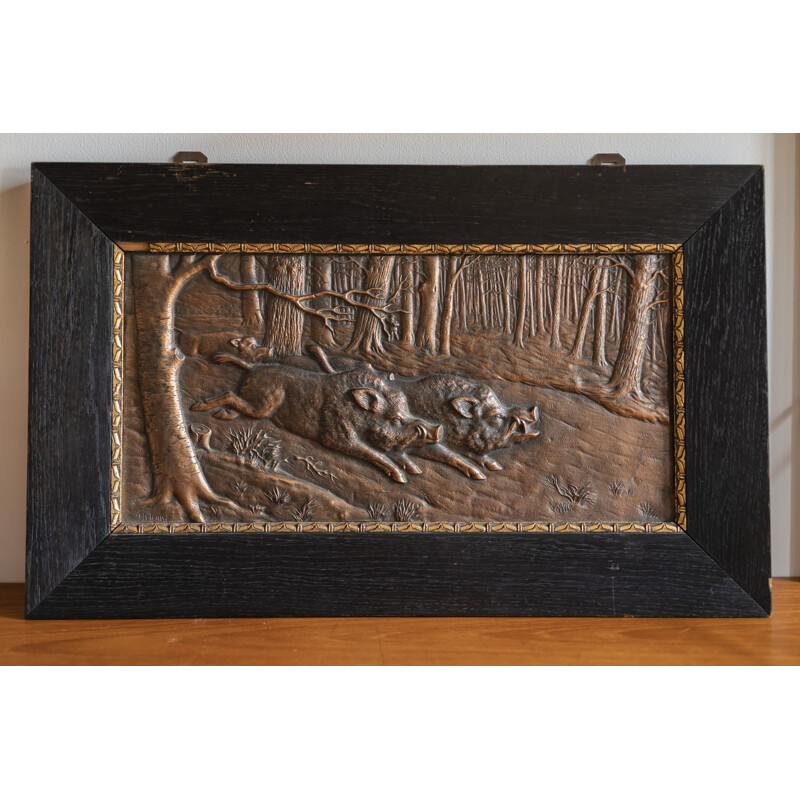 Vintage bronze javali bas-relief por H Henjes, 1880