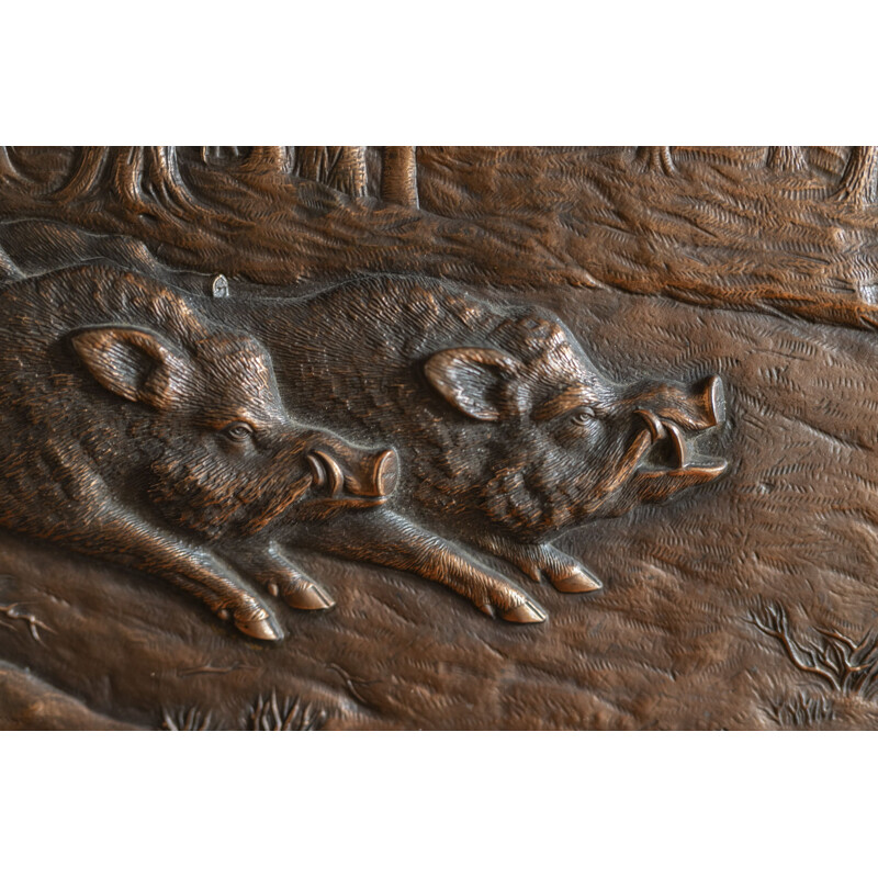 Vintage bronze relief placque wild boar by H Henjes, 1880 