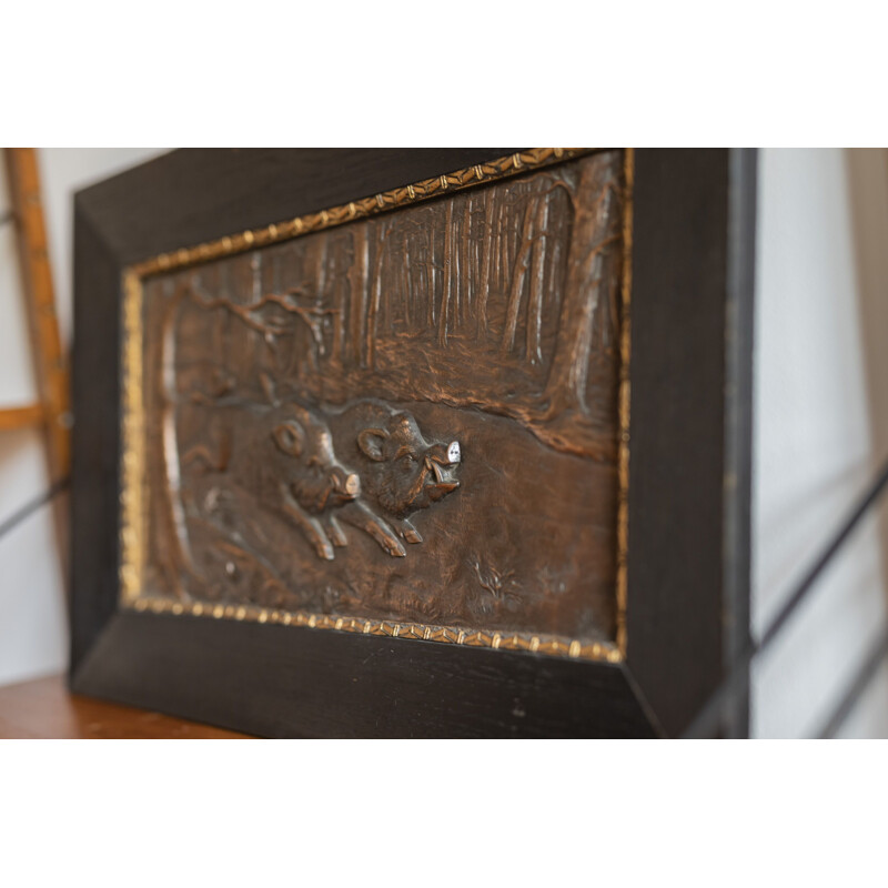 Vintage bronze relief placque wild boar by H Henjes, 1880 