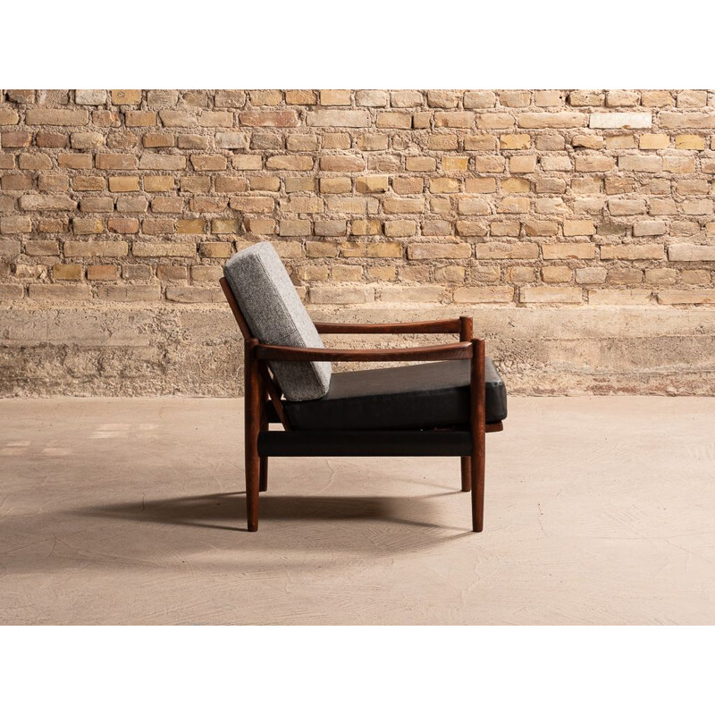 Vintage solid beechwood armchair with grey mottled fabric and black leatherette, 1960