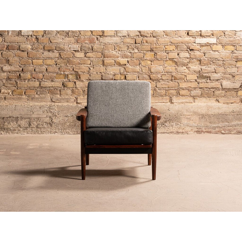 Vintage solid beechwood armchair with grey mottled fabric and black leatherette, 1960