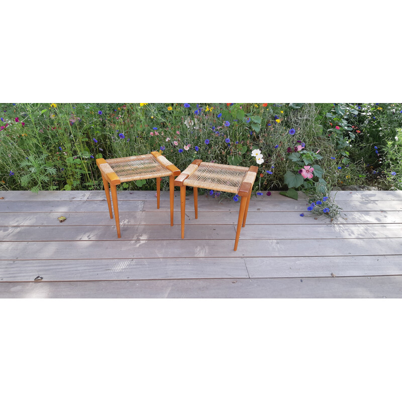 Pair of vintage beechwood and rope stools, 1960