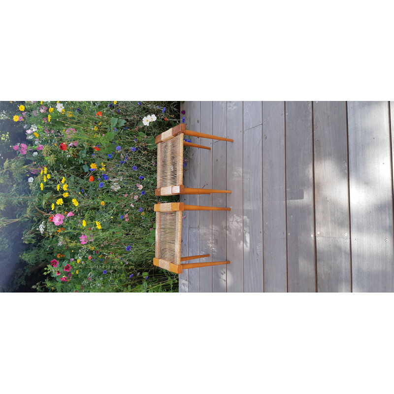 Pair of vintage beechwood and rope stools, 1960