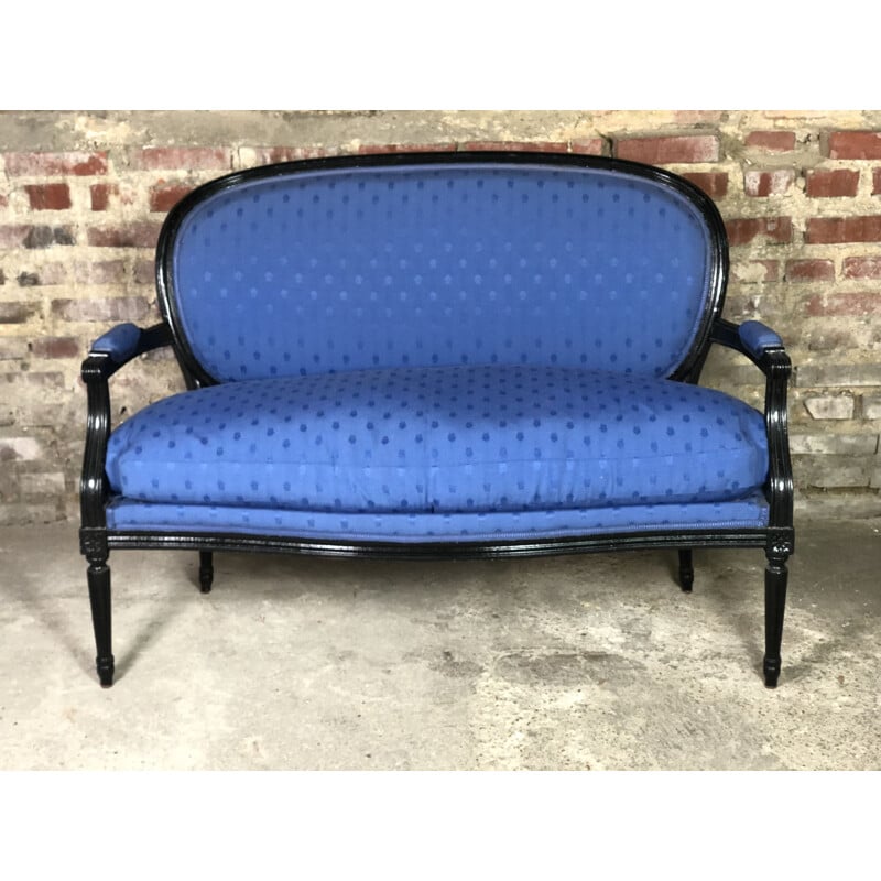 Vintage Louis XVI style black wood and blue fabric sofa, 1940
