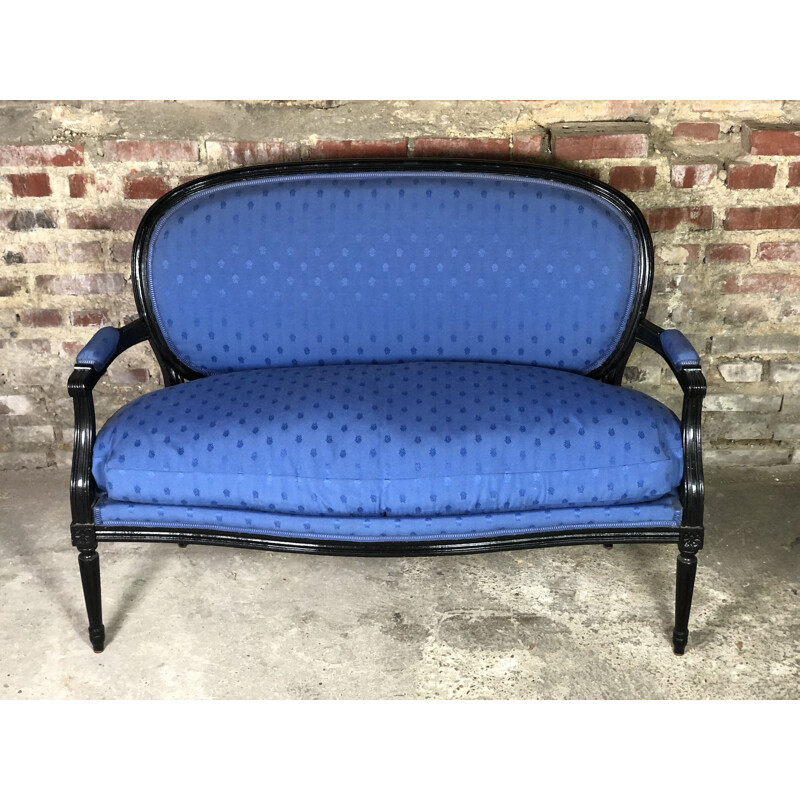 Vintage Louis XVI style black wood and blue fabric sofa, 1940