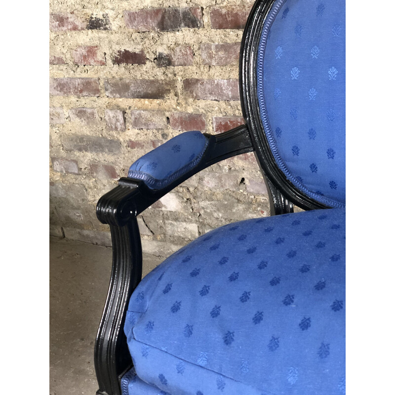 Vintage Louis XVI style black wood and blue fabric sofa, 1940