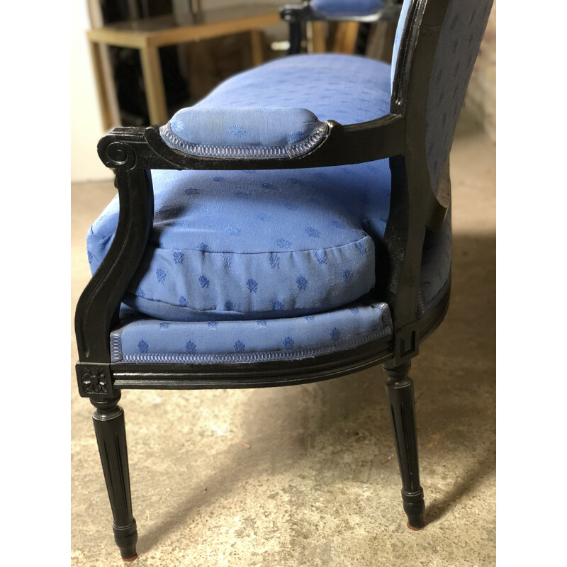 Vintage Louis XVI style black wood and blue fabric sofa, 1940