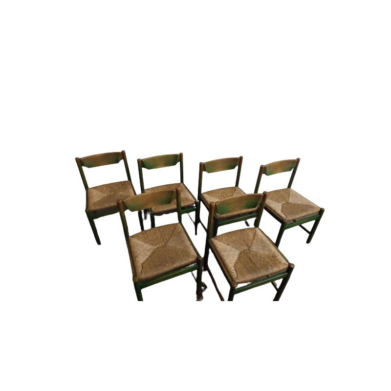 6 Italian vintage wooden and rush dining chairs, 1970s