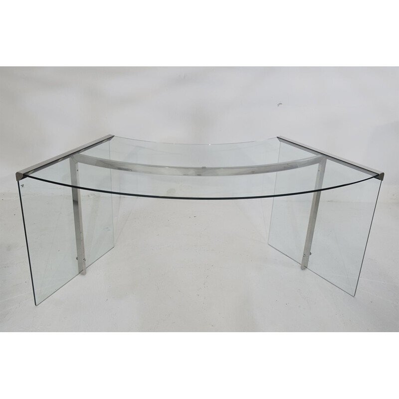Bureau minimaliste vintage en verre et chrome par Galotti & Radice, 1980
