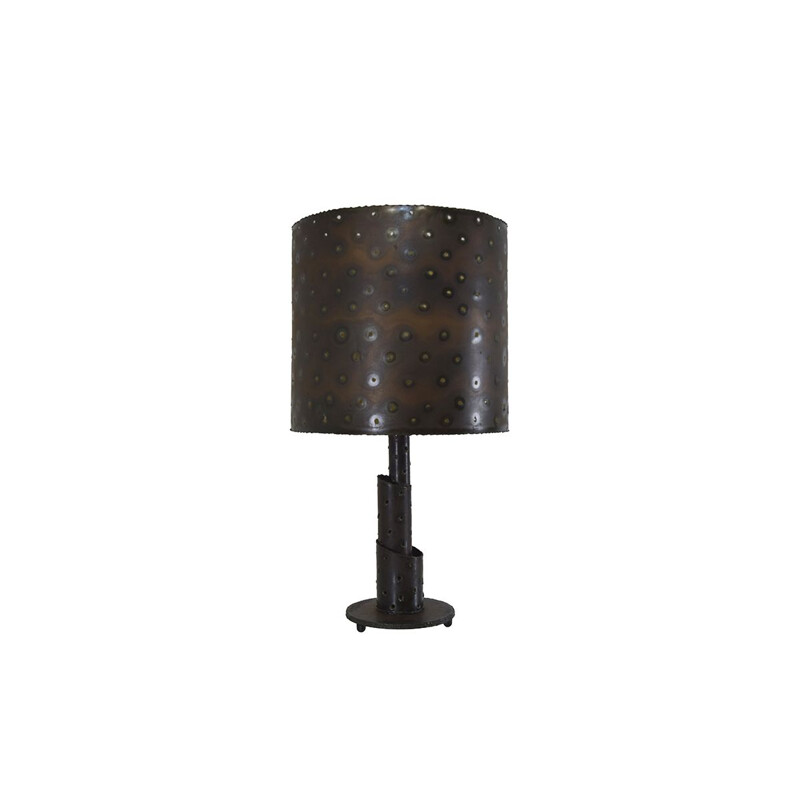 Brutalist vintage bronze torch cut table lamp with matching shade, 1960s