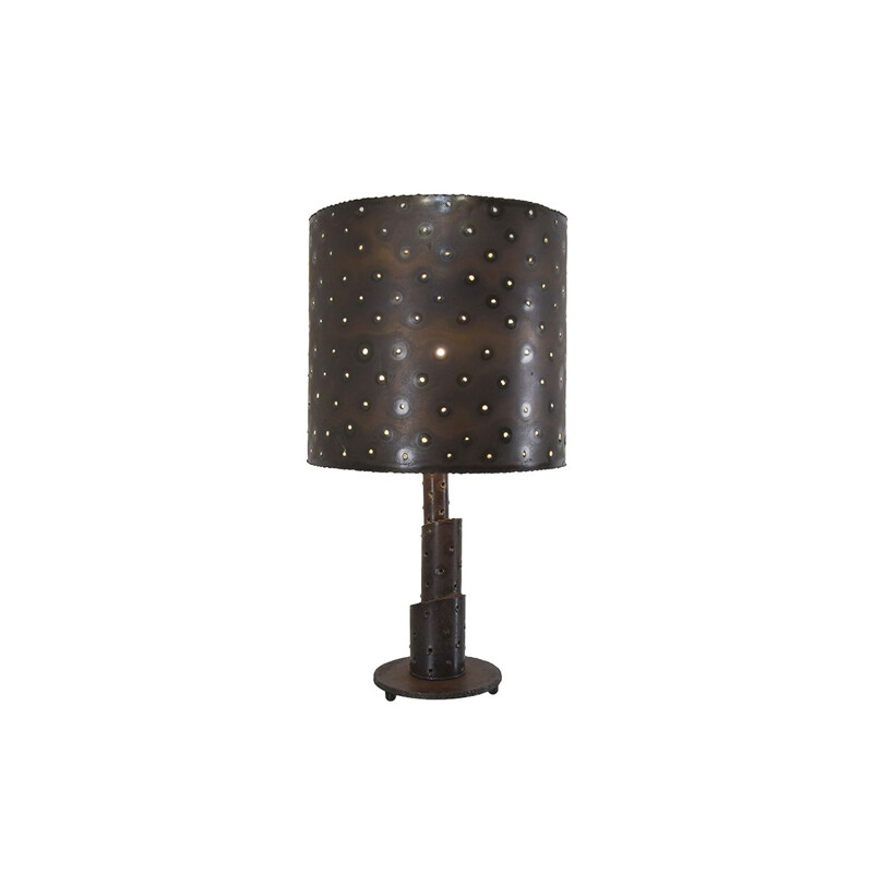 Brutalist vintage bronze torch cut table lamp with matching shade, 1960s