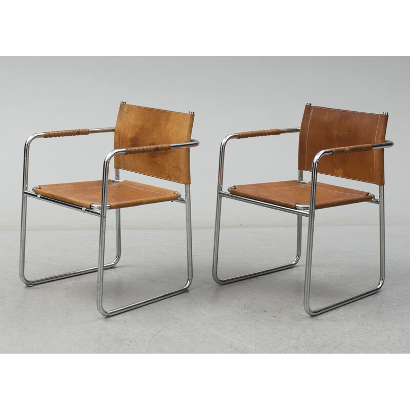 Pair of vintage chrome and leather Admiral armchairs by Karin Mobring for Ikea, Sweden 1970