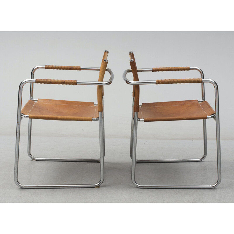 Pair of vintage chrome and leather Admiral armchairs by Karin Mobring for Ikea, Sweden 1970