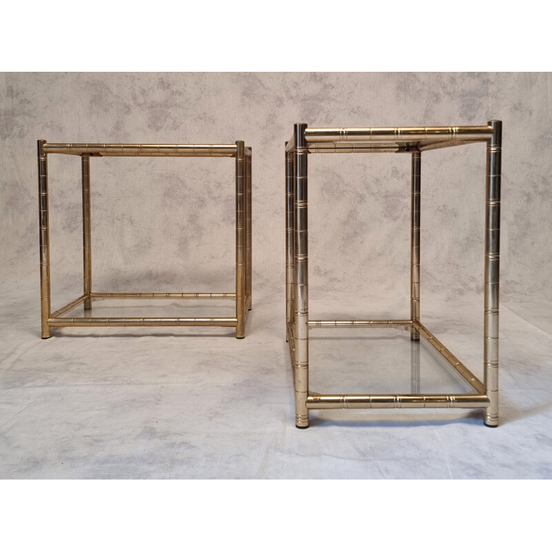 Pair of vintage glass and gilt brass side tables, 1980