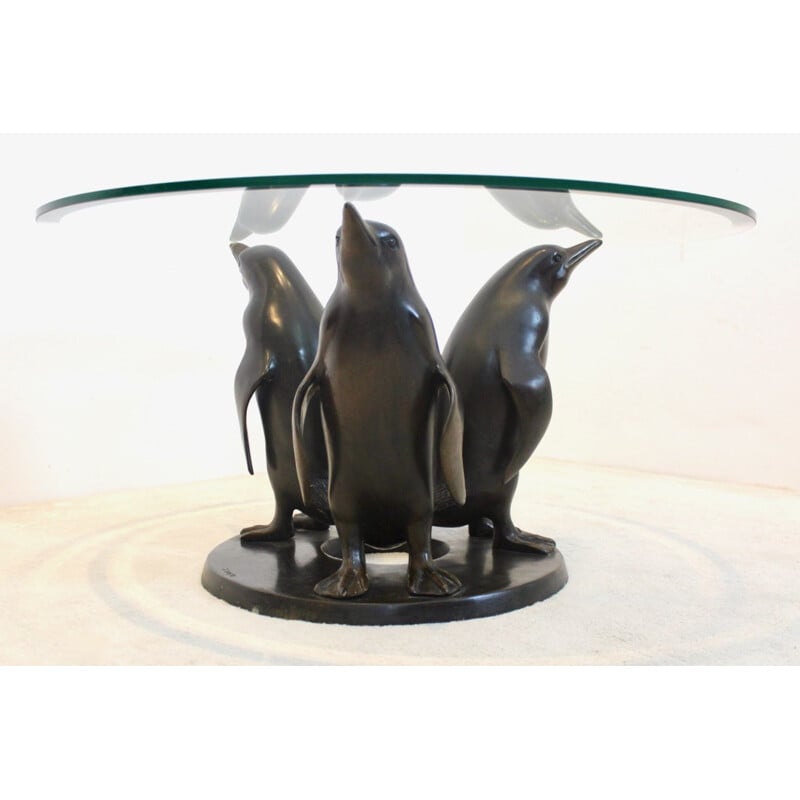 Mesa de centro vintage con pingüino de bronce de J. Daste