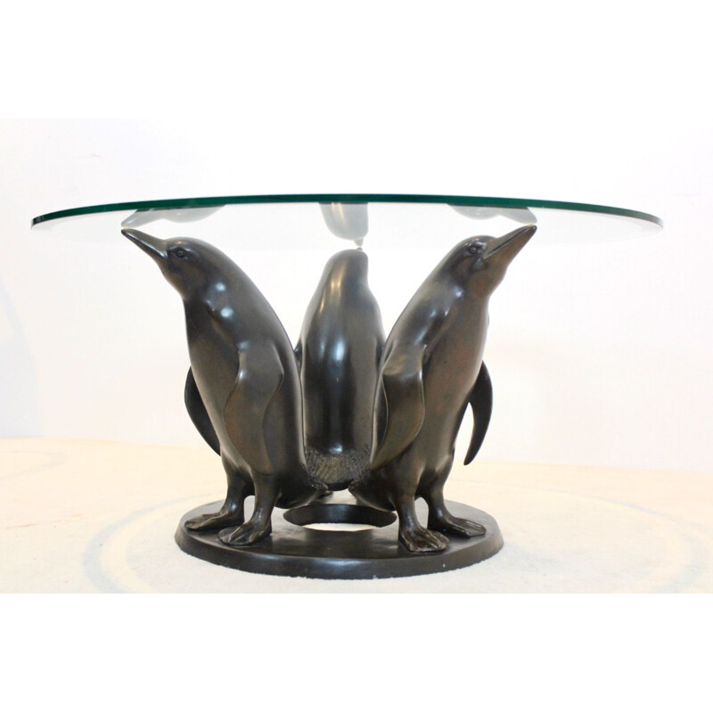 Table basse vintage sculpturale pingouin en bronze par J. Daste