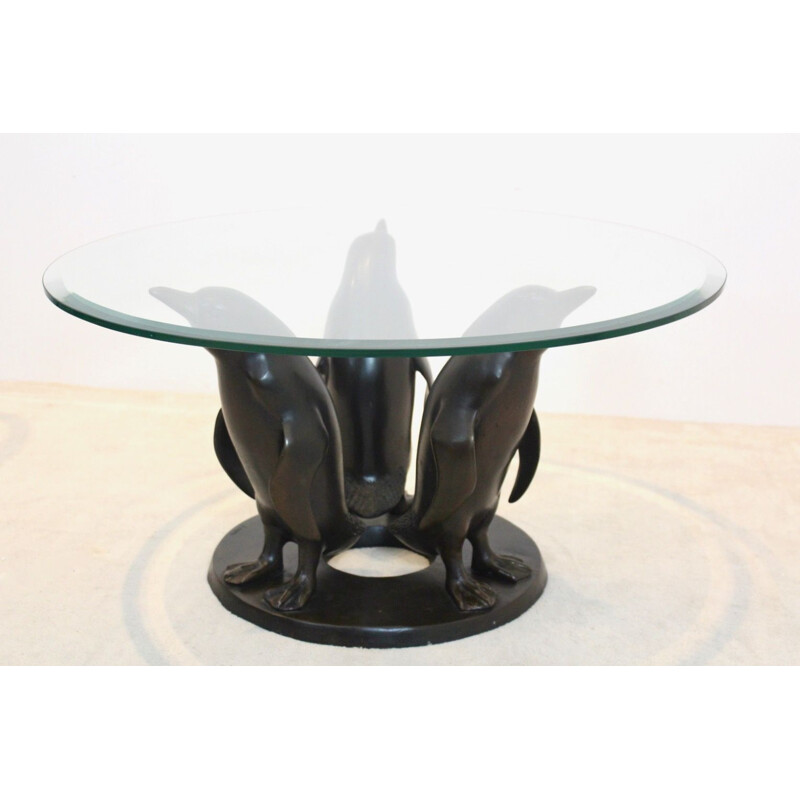 Vintage sculptural bronze penguin coffee table by J. Daste