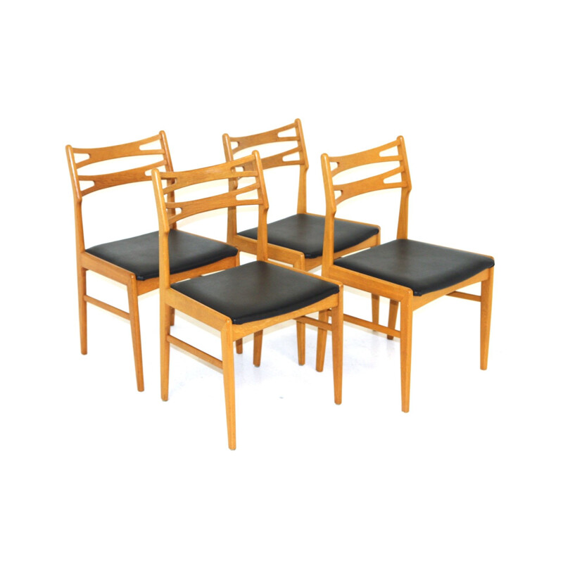 Set of 4 vintage oakwood and leatherette chairs, Sweden 1960