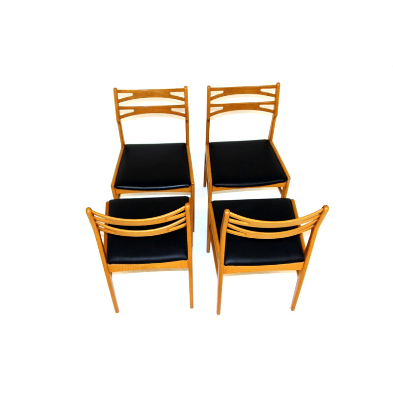 Conjunto de 4 cadeiras de carvalho vintage e pele, Suécia 1960