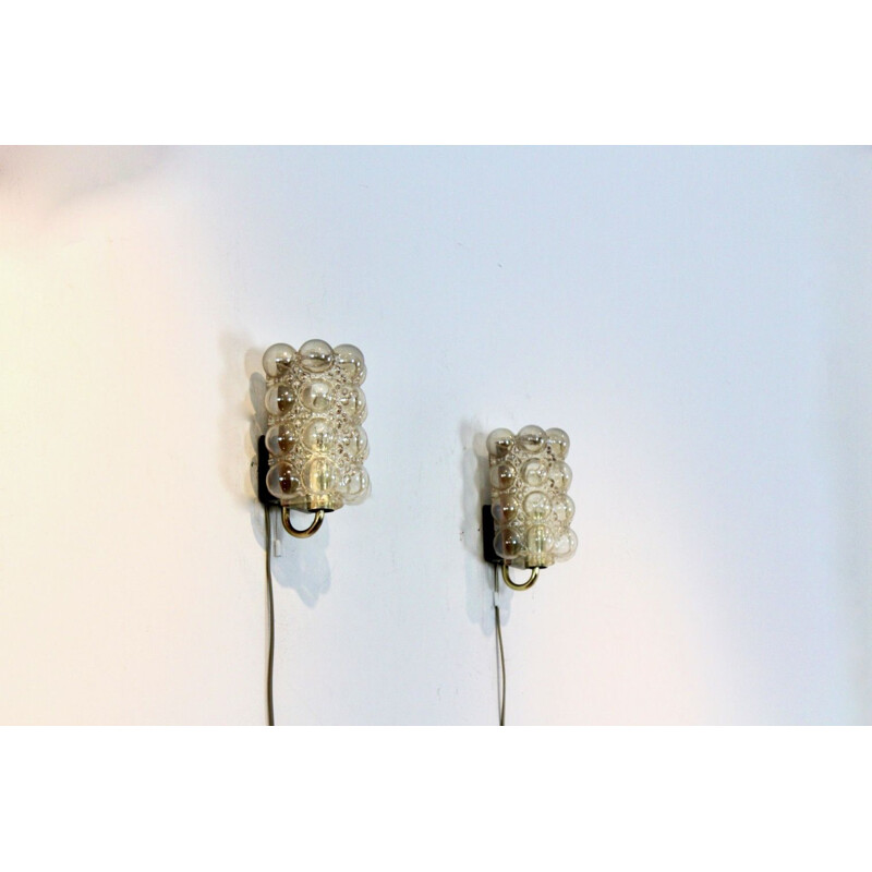 Sophisticated pair of vintage bubble glass & brass wall lamps by Helena Tynell for Glashütte Limburg